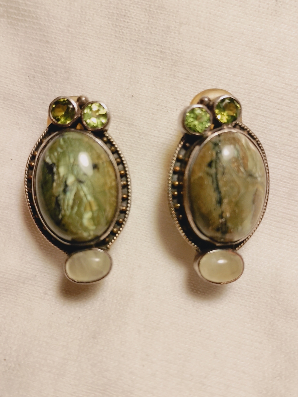 Handmade Sterling Silver Green Stone Oval Drop Clip On Earrings - Women Jewelry